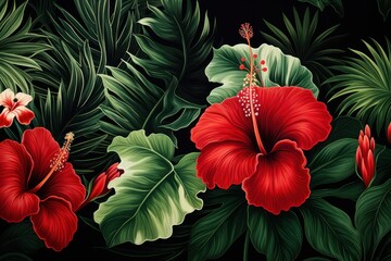  a painting of red flowers and green leaves on a black background with a red flower in the center of the picture.