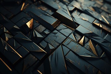 Wall Mural -  a close up view of a black and gold mosaic tile with gold squares and rectangles on a dark background.