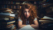 © Pillow Productions - A stressed young woman with long, curly red hair sits before a pile of books, cramming for an upcoming test