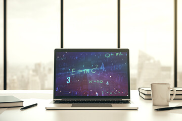 Modern computer monitor with creative scientific formula concept, research and development concept. 3D Rendering