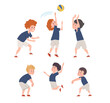 Set of kid boys volleyball players in different poses flat style