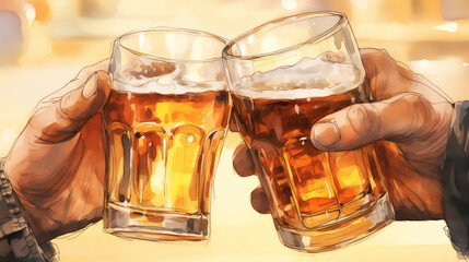 Wall Mural - Close-up Two men's hands holding beer glasses clink together in celebration