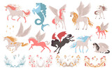 Fototapeta Pokój dzieciecy - Set of fantastic horses, unicorns and pegasus, cartoon flat vector illustration isolated on white background.
