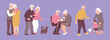 Cartoon set grandparents warm holding hands, walk the dog, sit in cafe, play with grandson in ball vector illustrations