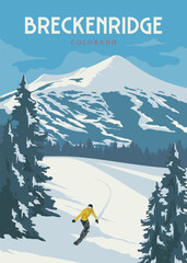 breckenridge colorado vintage travel poster illustration design, man playing snowboarding with mountain view on background