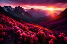 A Breathtaking Sunset Over Jagged Mountain Ridges, With A Foreground Of Radiant Flowers In Hues Of Pink, Purple, And Yellow.