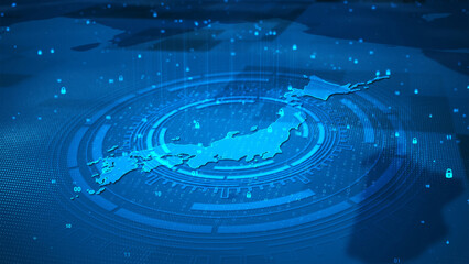 Futuristic technology digital circle security system Japan map HUD