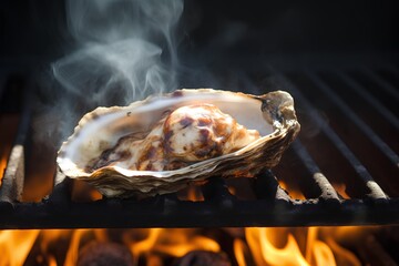 Oyster on the grill with flames on a black background.