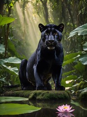 Wall Mural - Portrait of a black jaguar in the forest, flower , in the fantasy jungle,