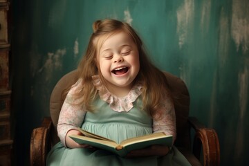 Happy girl with Down syndrome sitting in the room holding and reading book