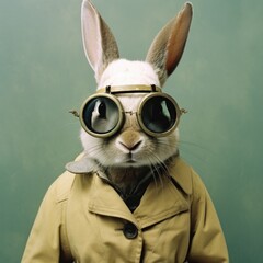 Poster - A rabbit wearing glasses and a trench coat. Generative AI.