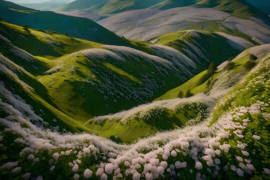 A bird's eye view of winding mountain trails surrounded by a riot of blossoming flowers, creating intricate patterns on the slopes.