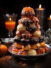 Sticker - A tower of donuts and profiteroles. Generative AI.