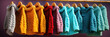 Colorful sweaters hanging on a wall, showcases vibrant sweaters displayed on a wall. Suitable for fashion blogs, winter clothing advertisements, and cozy-themed social media posts.