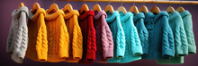 Colorful Sweaters Hanging On A Wall, Showcases Vibrant Sweaters Displayed On A Wall. Suitable For Fashion Blogs, Winter Clothing Advertisements, And Cozy-themed Social Media Posts.