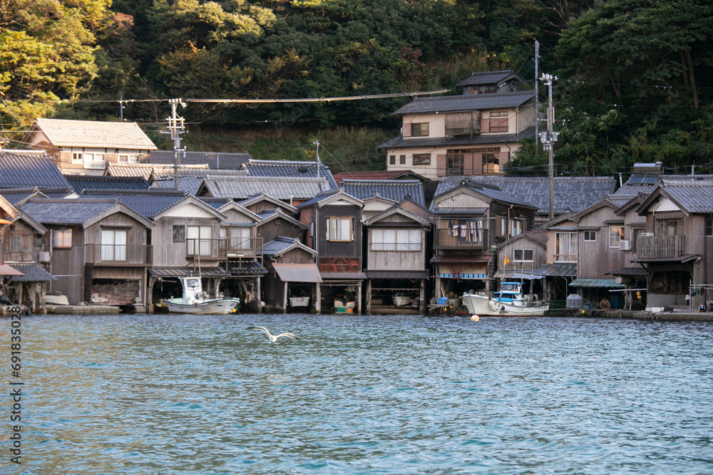 Funaya Beautiful fishing village of Ine in the north of Kyoto. Funaya or boat ...