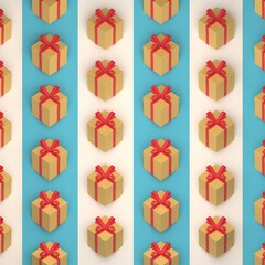 Yellow gift boxes wrapped with red string are placed in a pattern at regular intervals on a background of repeated ivory and light blue. 3d render illustration.