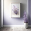 Mockup poster in an empty ceramic frame with a hand-painted floral design, hanging on a lavender wall with a light beige carpeted floor in an empty room.

