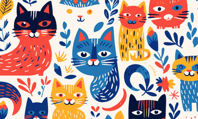 Naklejka na meble Collection doodles of cats, flowers and butterflies on a white background