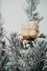 Wall Mural - Close up of a small present hanging from the Christmas tree.