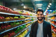 © Marko - Young man with curly hair and a beard smiles in a grocery store aisle