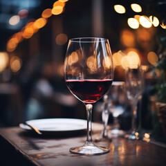 Glasses placed on restaurant table and sparkling bokeh background