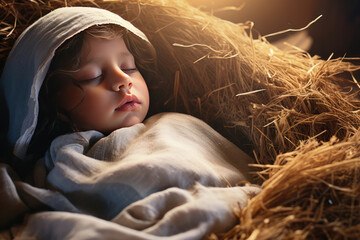 Wall Mural - The nativity of Jesus, Baby Jesus is lying in the manger on the hay with heaven light