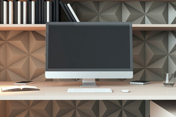 Wall Mural - Close up of contemporary home office interior with workplace, decorative designer wall, mock up computer monitor and furniture. 3D Rendering.