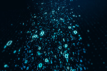 Abstract binary coding on dark background. Matrix and security concept. 3D Rendering.