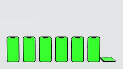 Wall Mural - Seven mobile phone with green screen flipping to stand one by one, template for promote application or website, 3D rendering.