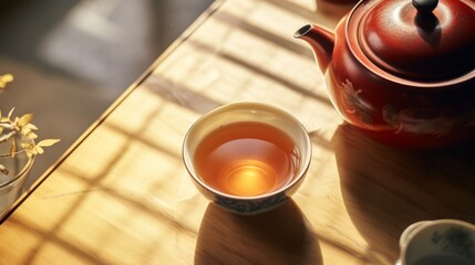 korean style tea ceremony, focus on table, teapot handle, close up view from above