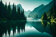 A serene, misty morning over a tranquil lake framed by towering mountains cloaked in verdant forests.