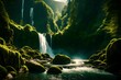 Sunlit streams converging into a majestic waterfall amidst a backdrop of dense, mossy green mountain ranges.