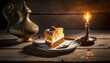 Kawałek ciasta, na drewnianym stole, oświetlony pięknym światłem ze starej lampy naftowej