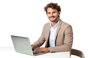 Smiling young professional man working with laptop Isolated on transparent background. PNG file.