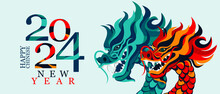 Green Wooden Dragon Symbol Of 2024. Chinese New Year. Background With A Dragon. Vector Illustration.