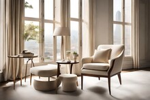 An Artfully Arranged Cream-colored Armchair Paired With A Sleek Side Table, Positioned Beside A Window Overlooking A Picturesque View, Inviting Quiet Moments Of Reflection.