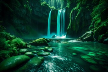 A mesmerizing view of waterfalls dancing through layers of vibrant, emerald-hued mountainous landscapes.