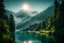 A Serene, Misty Morning Over A Tranquil Lake Framed By Towering Mountains Cloaked In Verdant Forests.