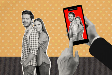 Sticker - Collage of black white colors arms hold smart phone make photo idyllic soulmates cuddle painted hearts isolated on creative background