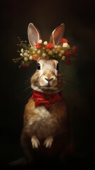 Wall Mural - Bunny Portrait with floral elements. AI Generative