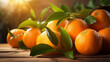 Ripe oranges with vibrant leaves arranged on a wooden table, showcasing fresh tangerines in close-up at a market stall.