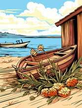Bouquet Of Dried Flowers Lying On White Painted Wood, A Boat On A Dock With Flowers And Boats In The Water.