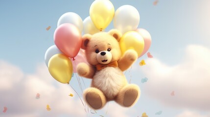 Canvas Print - A fluffy 3D teddy bear with balloons in the shape of animals.