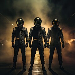 Men in leather costumes and helmet, racers standing in a line over dark background with smoke. Champions, winners. Concept of motor sport, racing, competition, speed, win, success, power