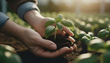 Wall Mural - A close-up of a basil seedling in hand.