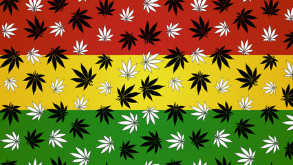 Wall Mural - Cannabis leaves illustration pattern on rasta flag background wallpapers banner. Line art outline graphic black and white marijuana leaf template design art blank with place for text area