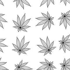 Wall Mural - Cannabis line art leaves illustration seamless texture pattern. Marijuana leaf outline black and white 
 graphic style transparent background design template art blank.