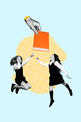 Poster - Vertical funny photo collage of two young school girls jump and try to catch a big book learn study isolated on pale blue background