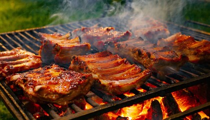 Wall Mural - Close-up of the ribs being grilled.